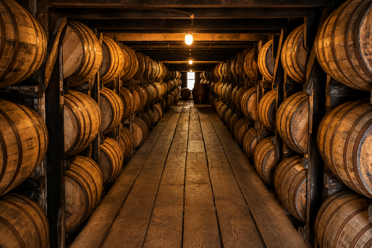 Bourbon barrels inside a Kentucky distillery near Bourbon Trail Hideaway