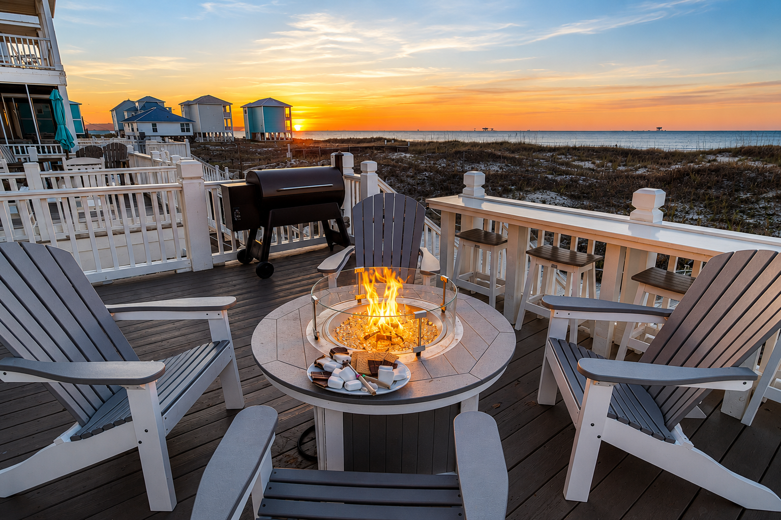 Sand Crab Hideaway oceanfront deck with fire pit at sunset