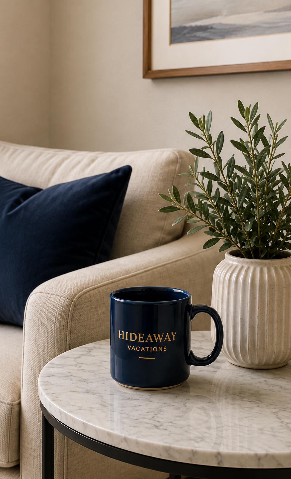 Hideaway Vacations mug on marble table