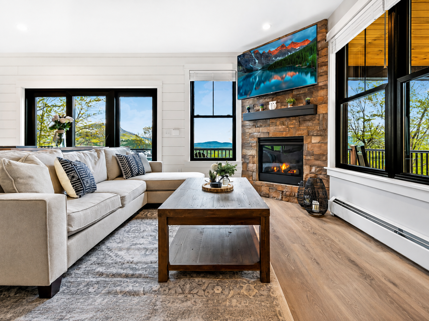 Sunday Summit Hideaway bright living room with stone fireplace