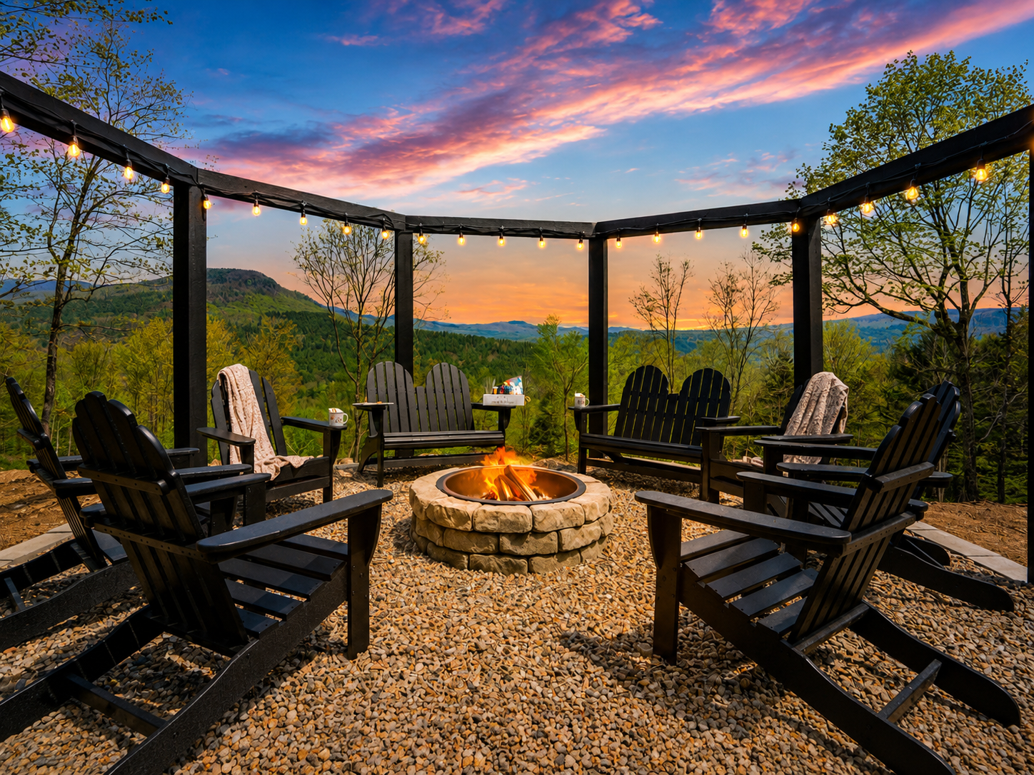 Sunday Summit Hideaway mountain fire pit gathering area at sunset