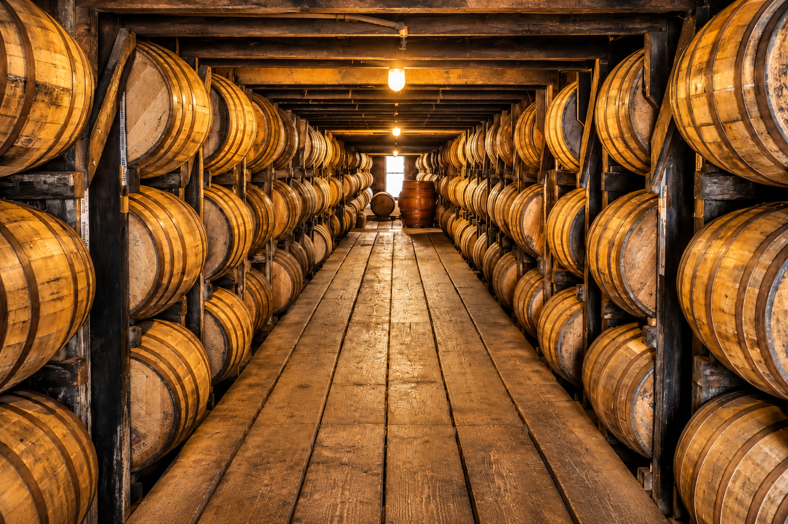 Bourbon barrels inside a Kentucky distillery near Bourbon Trail Hideaway