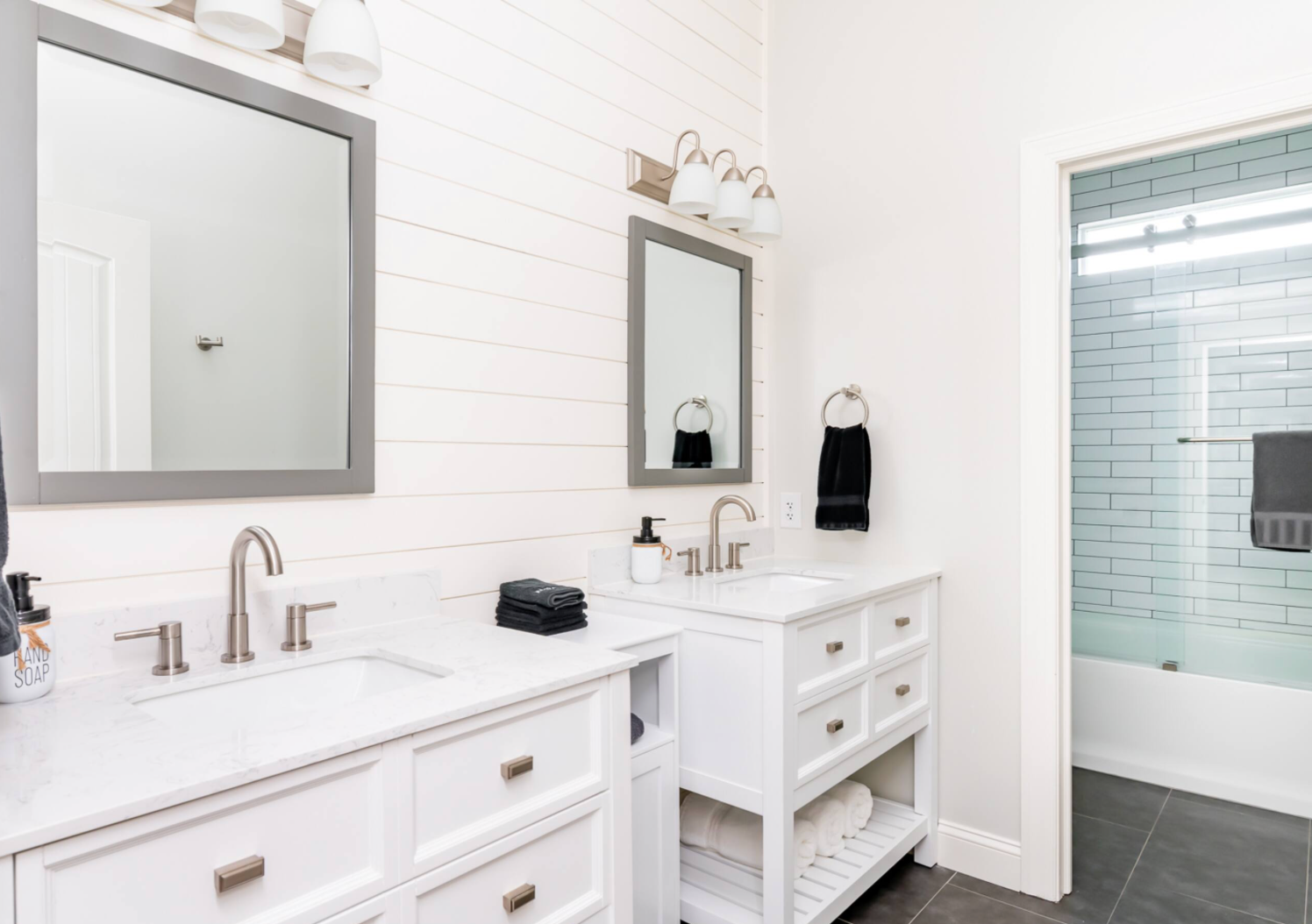 Bathroom vanity and walk-in shower at Bourbon Trail Hideaway
