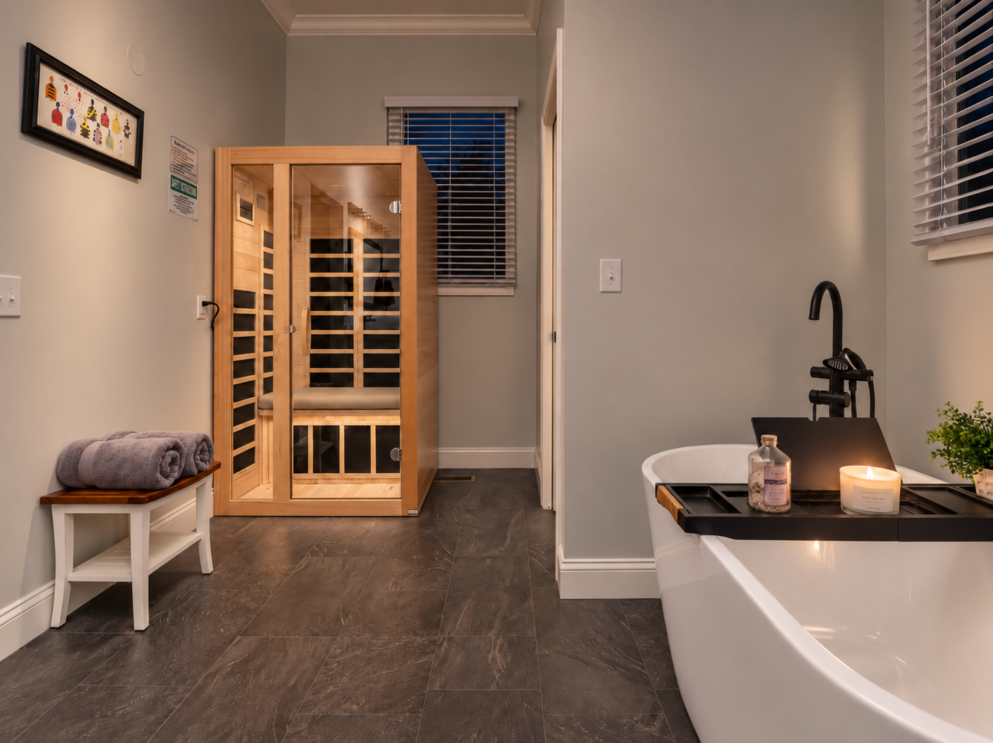 Bright bathroom vanity with folded towels at Bourbon Trail Hideaway
