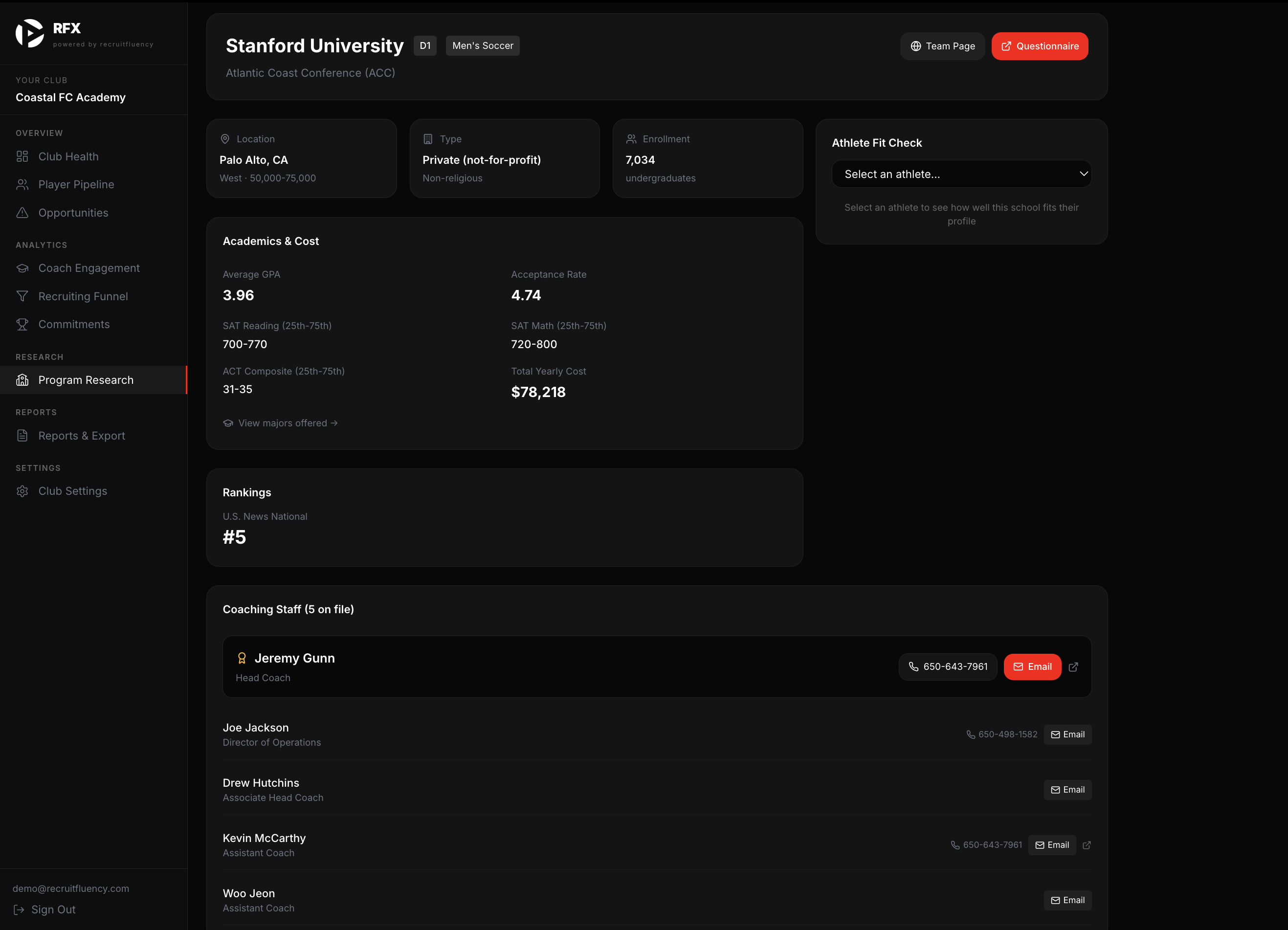 RFX club dashboard — Fit Check Tool