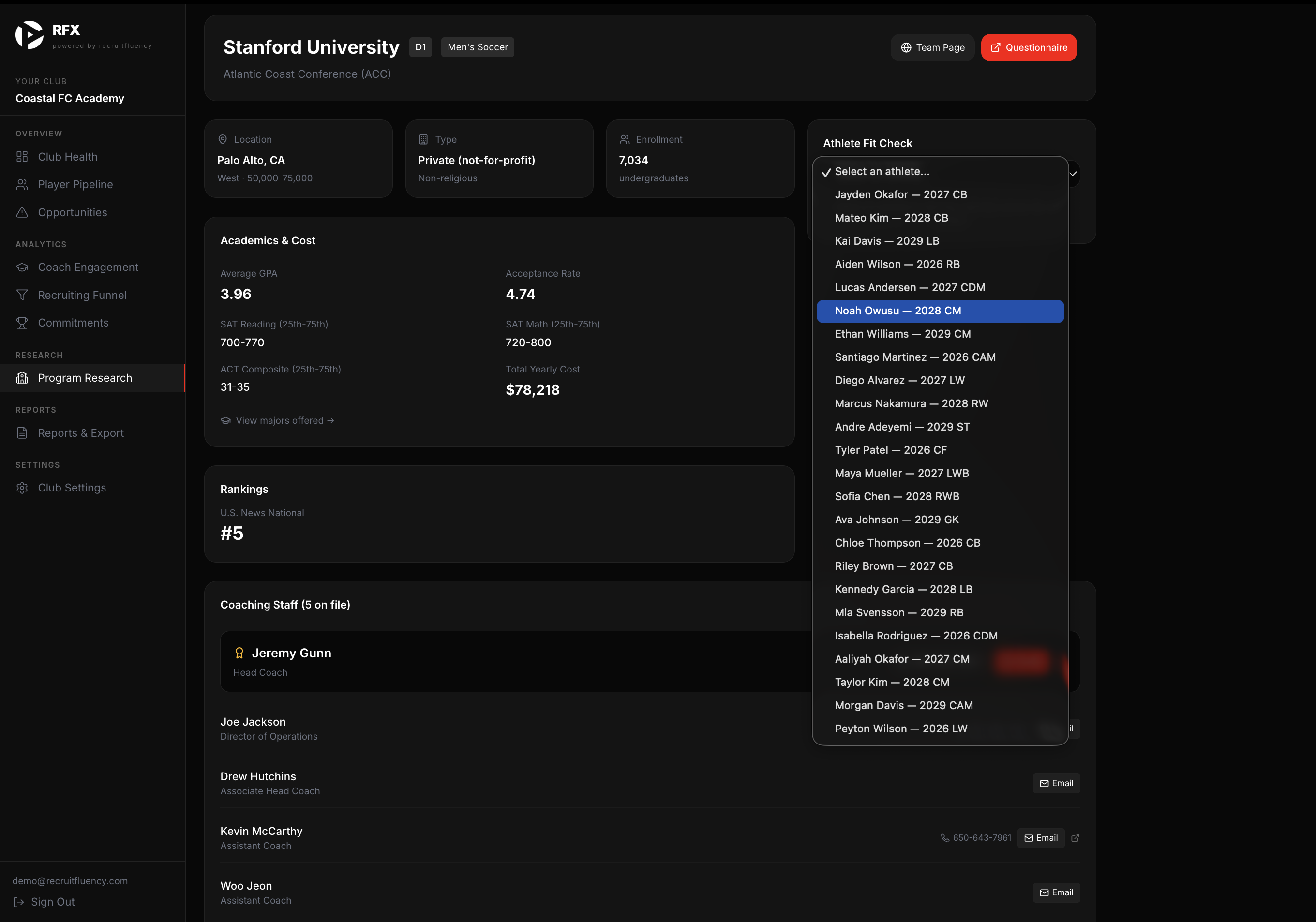 RFX club dashboard — Program Detail View