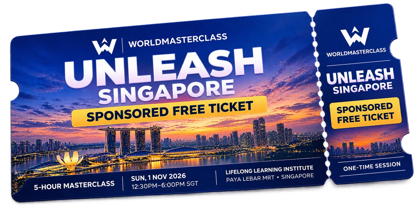 Mockup of a Worldmasterclass Unleash Singapore sponsored free ticket, styled with the event’s W logo and Singapore skyline.