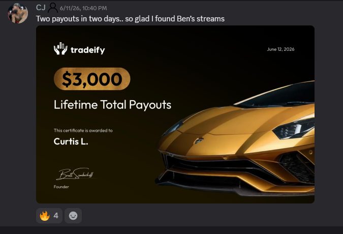 Lions Den member sharing a $3,000 certificate after two payouts in two days, crediting Ben's streams