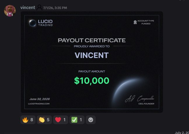 Lions Den member's $10,000 Lucid Trading payout certificate