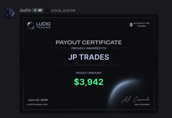 Lions Den member's $3,942 Lucid Trading payout certificate