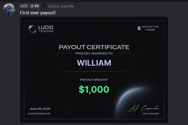 Lions Den member's first ever payout, a $1,000 Lucid Trading certificate
