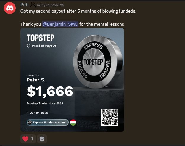 Lions Den member's $1,666 Topstep payout, thanking Ben for the mental lessons after five months of blown funded accounts