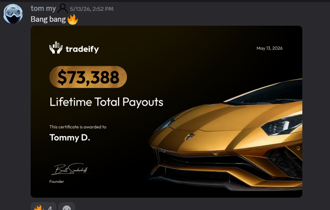 Tradeify lifetime payouts, $73,388, Tommy D.