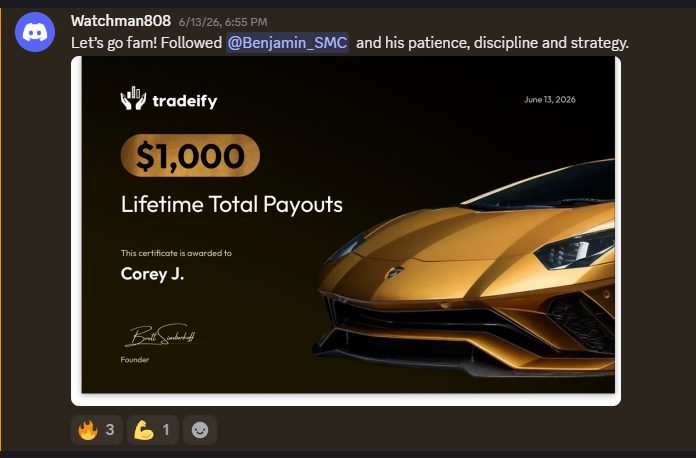 Lions Den member's $1,000 lifetime payouts certificate crediting Ben's patience, discipline and strategy