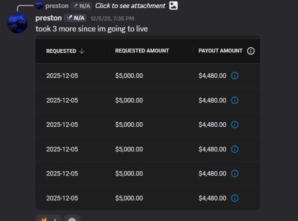 Lions Den member's payout history showing six $4,480 payouts requested the same day