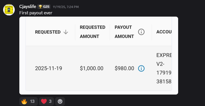 Lions Den member sharing their first ever payout of $980