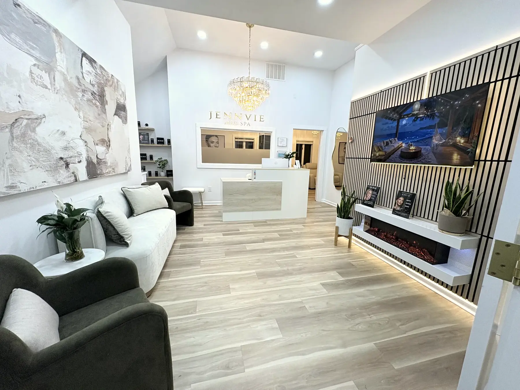 Reception lounge at JENNVIE Med Spa in Westport, a short drive from Darien, CT