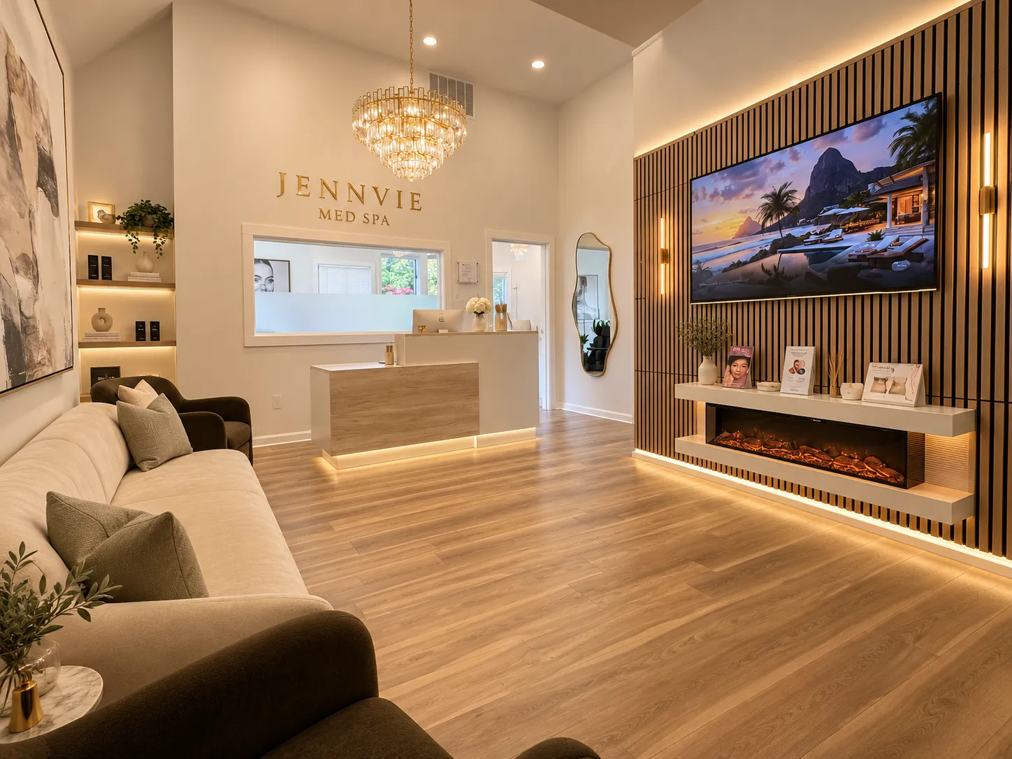 Reception lounge at JENNVIE Med Spa, 991 Post Road East, Westport, CT, with a crystal chandelier, gold JENNVIE Med Spa wall letters, a fireplace and a TV wall