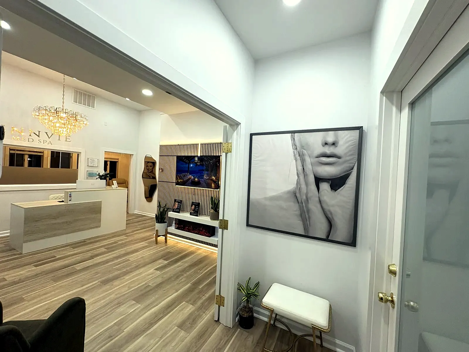 Hallway to reception inside JENNVIE Med Spa, 991 Post Road East, Westport, CT