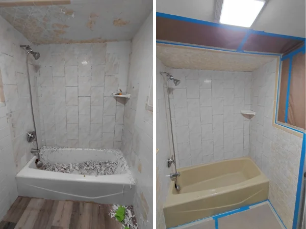 A side-by-side comparison of a bathroom shower, showing its dirty, damaged state before renovation and its cleaned, prepped state after.
