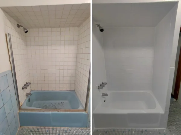 Before and after comparison of a bathtub resurfacing project, showing a dirty blue tub transformed into a clean white one.