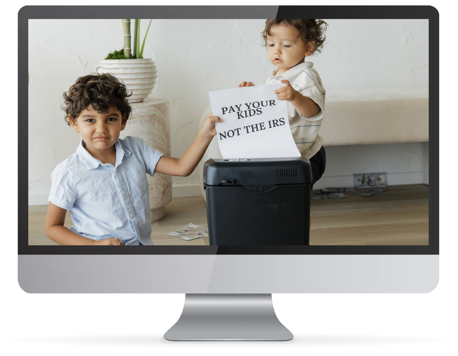A child holding a Pay Your Kids, Not the IRS sign