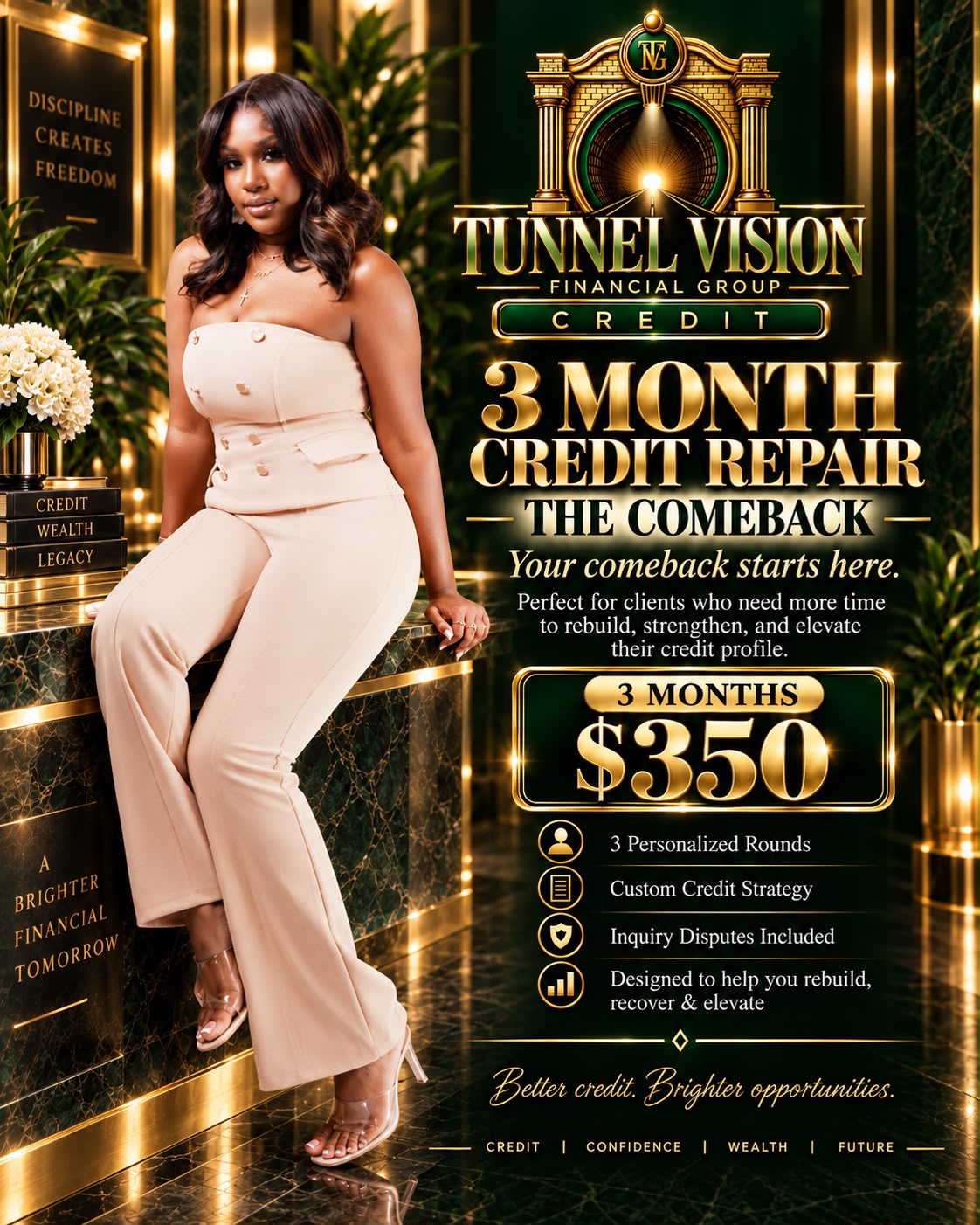 3 Month Credit Repair, The Comeback, $350 for three months: 3 personalized rounds, custom credit strategy and inquiry disputes included. Poster shows a woman in a blush suit seated on an emerald marble counter.