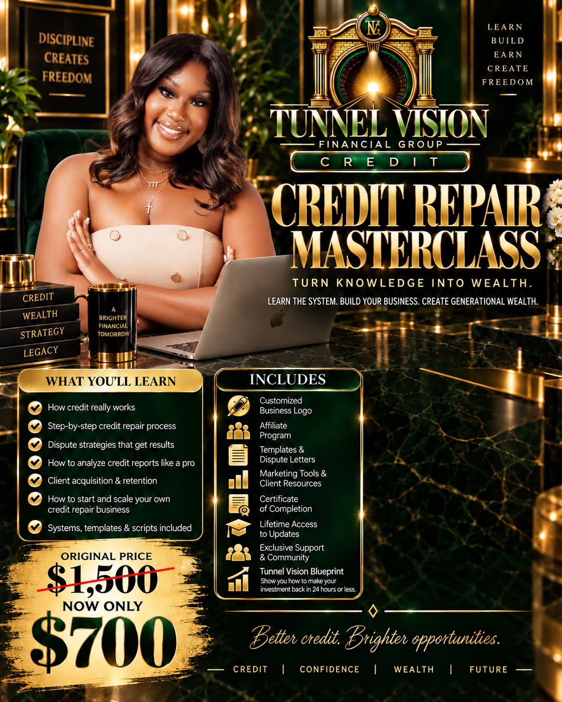 Credit Repair Masterclass poster: turn knowledge into wealth. What you'll learn and what's included, with the original price of $1,500 now only $700.