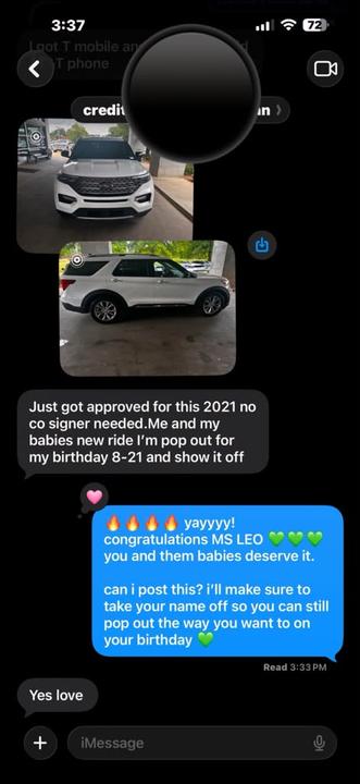 Client text message sharing a vehicle approval with no co-signer needed