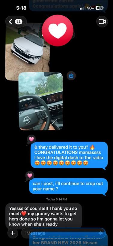 Client text message celebrating the delivery of a brand-new vehicle