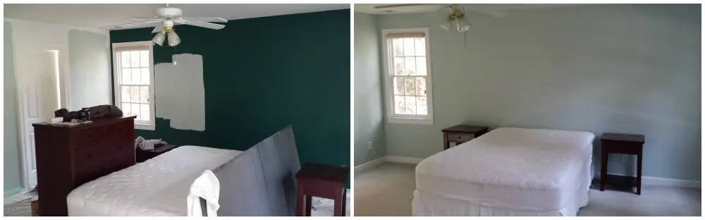 Bedroom before with dark green accent wall and after in soft blue-gray
