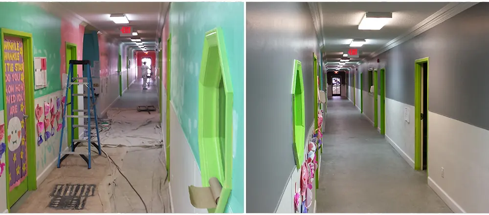 Hallway before with bright pink and green walls and after in clean light gray