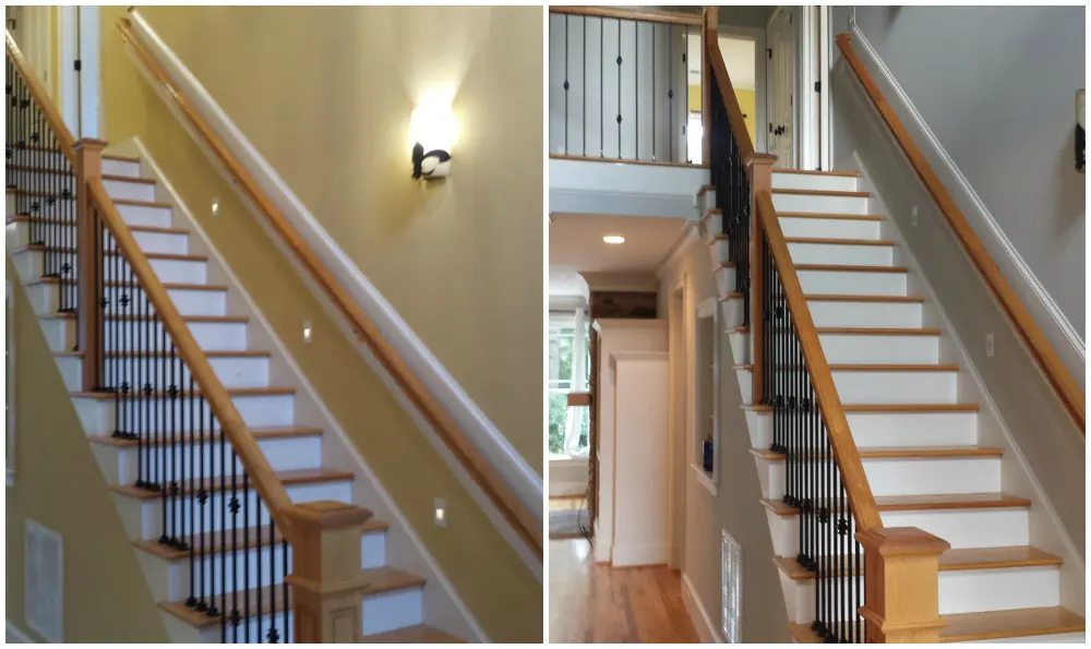 Before and after of a staircase with painted white balusters and dark handrail