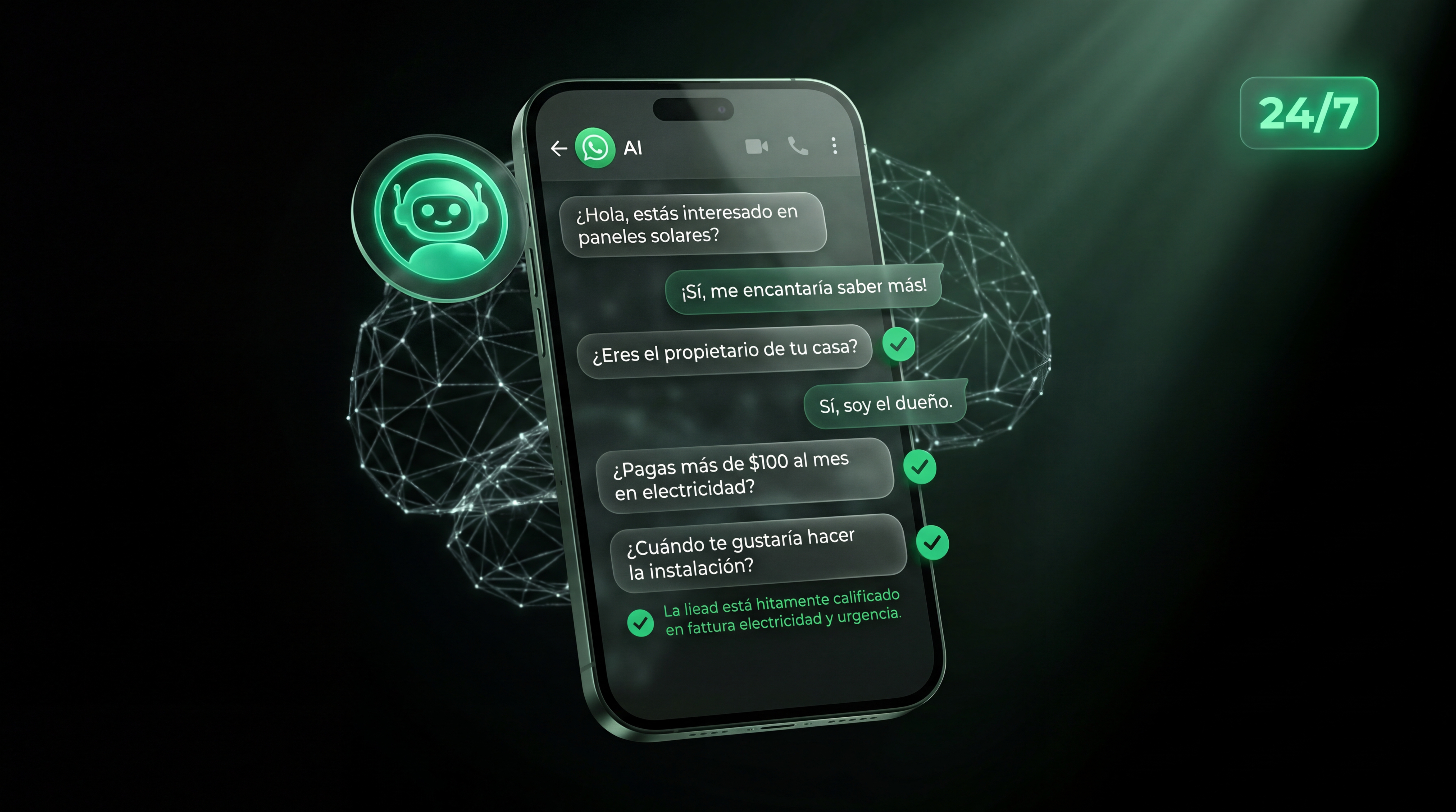 Agente de IA de Synte cualificando leads solares por WhatsApp 24/7