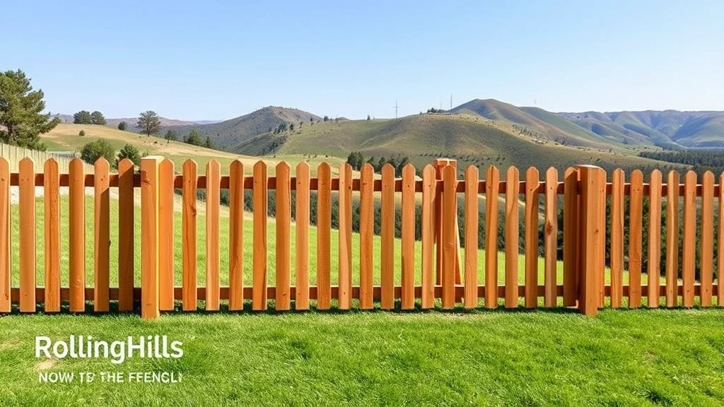 Fencing in Rolling Hills, CA with a scenic view of green hills and clear blue skies.