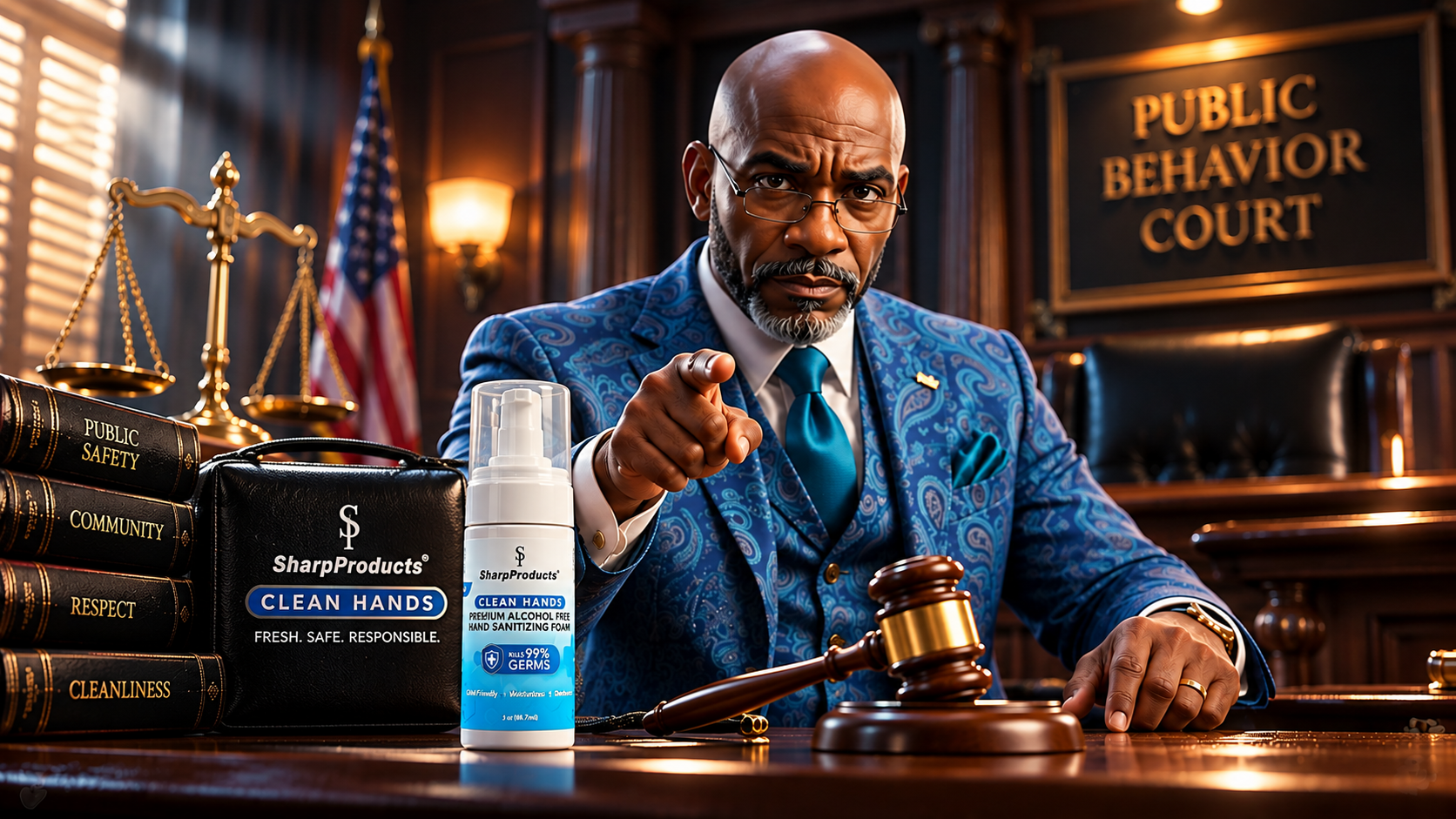 SharpProducts Clean Hands courtroom campaign artwork.