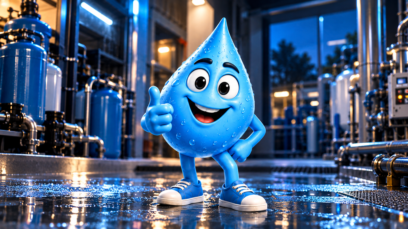 Walter the water droplet in a water-treatment setting.
