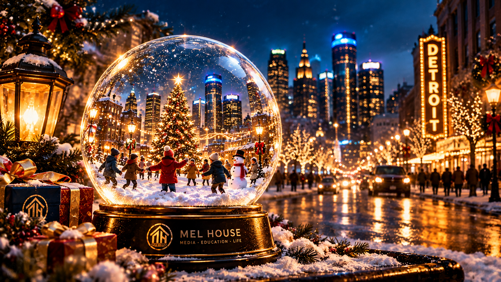 Christmas Time in the City Detroit snow-globe campaign artwork.