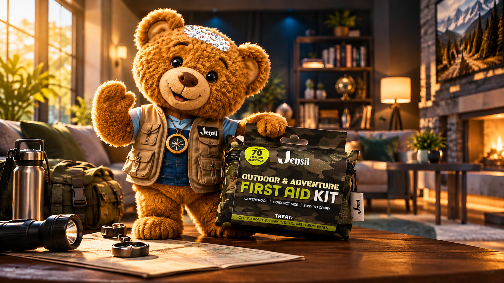 Phil Better Bear with a Jensil first-aid kit.