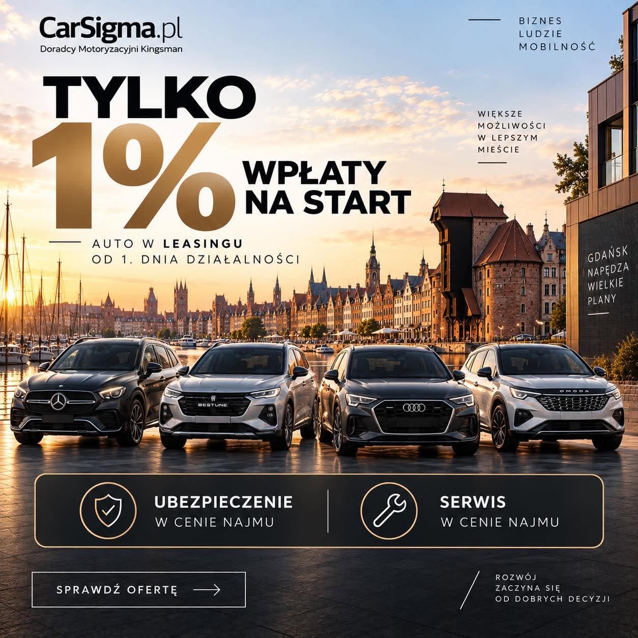 Grafika CarSigma: leasing od 1% wpłaty dla nowej firmy oraz ubezpieczenie i serwis w cenie najmu