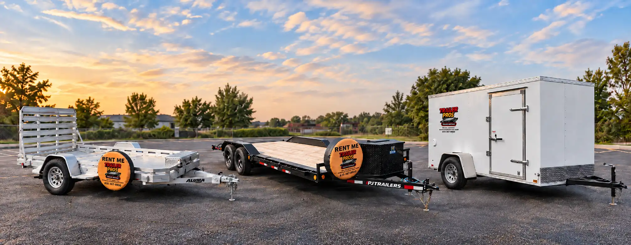Trailer rental lineup at Trailer Pros in Sycamore, IL