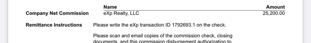 eXp Realty net commission of $25,200