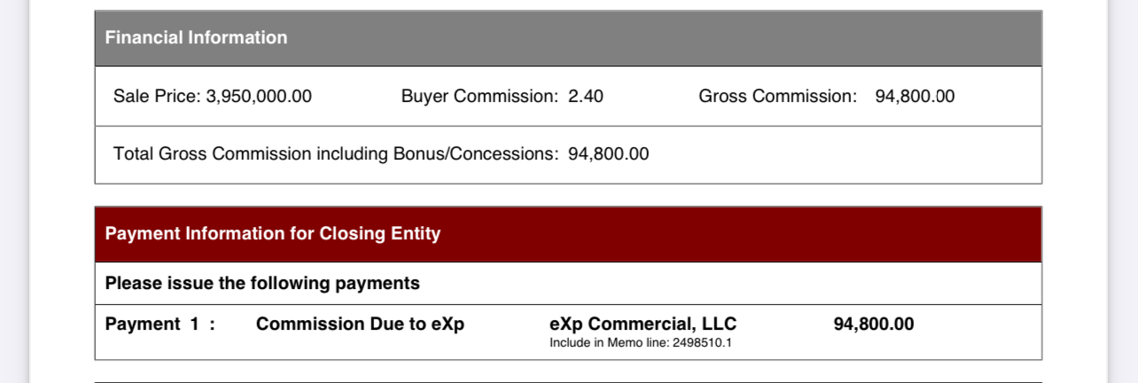 Closing statement: $94,800 commission on $3.95M sale