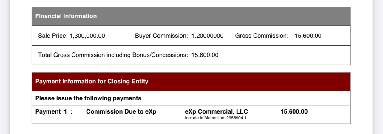 Closing statement: $15,600 commission on $1.3M sale