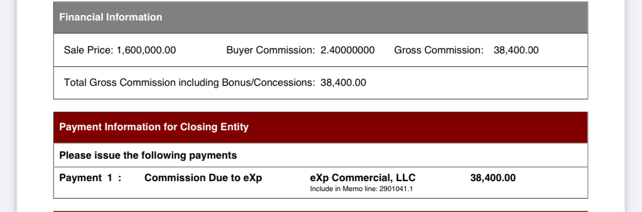Closing statement: $38,400 commission on $1.6M sale