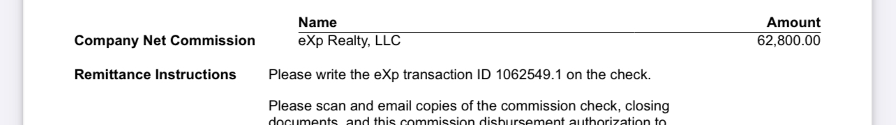 eXp Realty net commission of $62,800