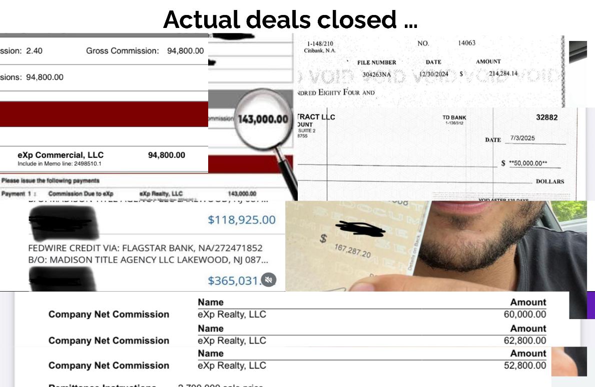 Multiple commission cheques showing various closings totaling over $300K