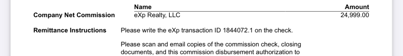 eXp Realty net commission of $24,999