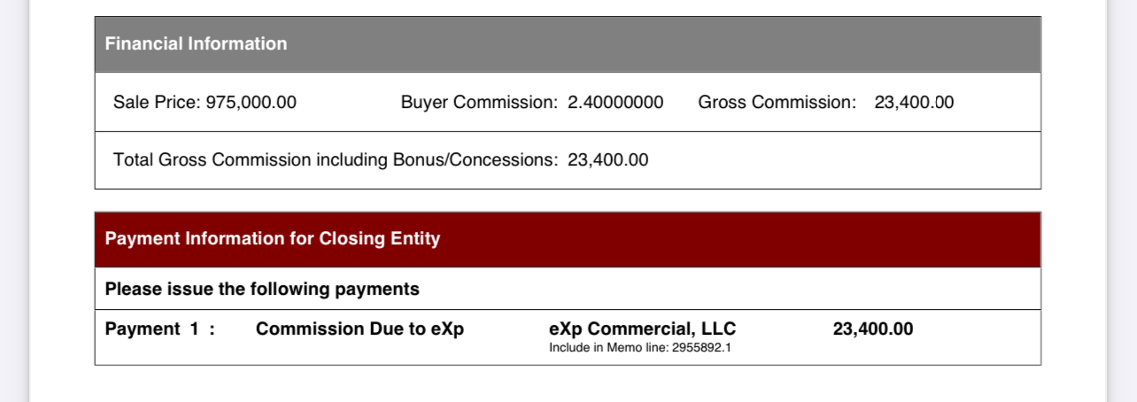 Closing statement: $23,400 commission on $975K sale
