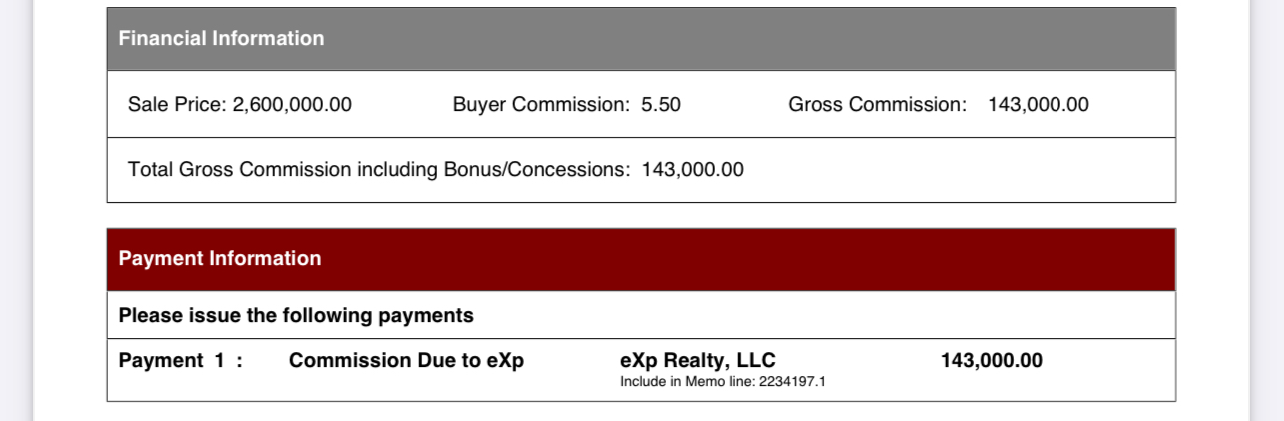 Closing statement: $143,000 commission on $2.6M sale
